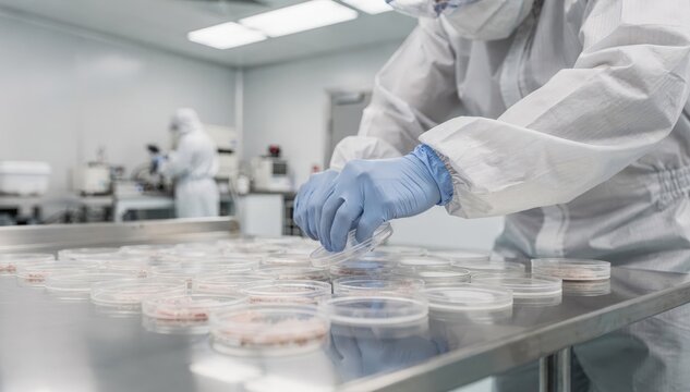 Scientist placing settle plates on cleanroom surfaces to collect microbial samples maintaining strict contamination control standards.