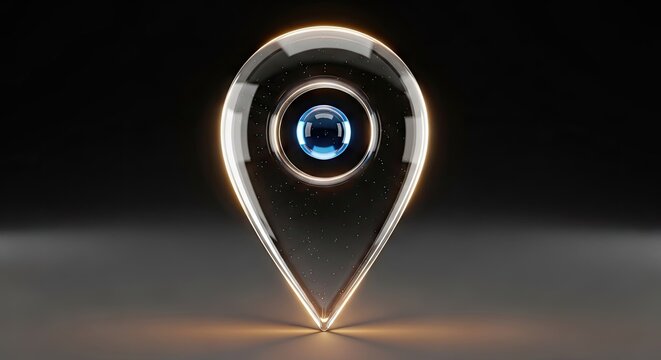 Transparent location pin icon with glowing edges against a dark background