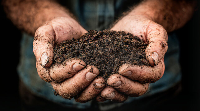 Close-up of calloused hands holding rich, dark soil, symbolizing growth and nature