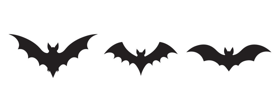 Three Spooky flying bat silhouette vector, Halloween bat icon