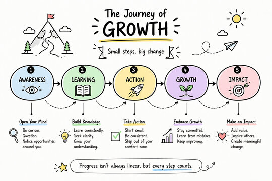 An infographic illustrates the five stages of personal growth: Awareness, Learning, Action, Growth, and Impact.