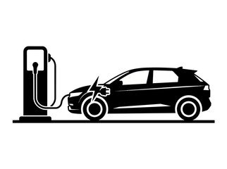 Naklejka premium Electric car plugged into a charging station silhouette icon isolated on a white background for modern energy and transport.