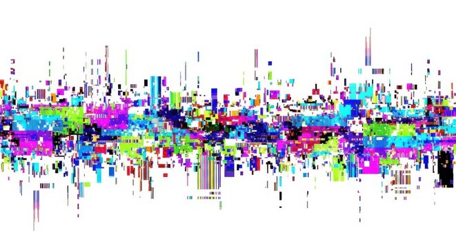 Abstract colorful glitch art horizontal pattern with vibrant hues and digital distortion effects