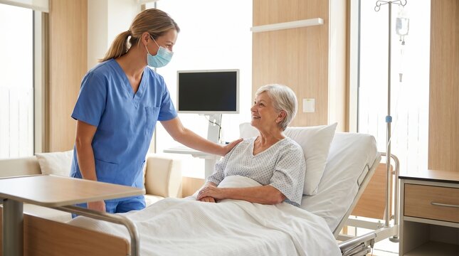 Healthcare Professional Wearing a Mask Providing Compassionate Care to a Senior Patient in a Bright Hospital Room