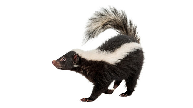 Striped wild skunk walking on ground isolated on transparent background cut out