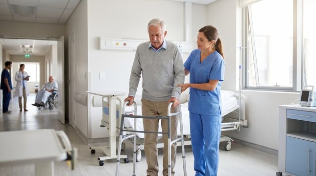 Elderly Man Learning to Walk with a Walker Assisted by a Nurse During Physical Therapy