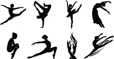 Dance and Ballet Silhouette Icon Set Featuring Graceful Dancers Breakdancing and Contemporary Poses © MdTuhin