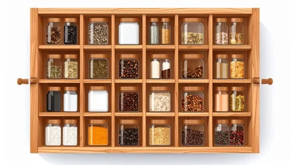 Wooden spice rack with glass jars filled with spices. © Putra