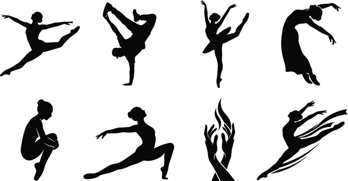 Dance and Ballet Silhouette Icon Set Featuring Graceful Dancers Breakdancing and Contemporary Poses