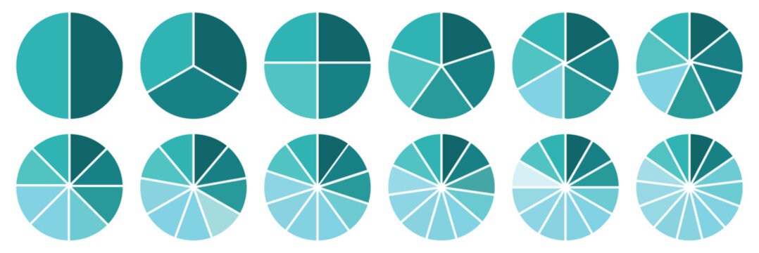Circle pie chart diagram. Pie chart color icons. Colorful diagram collection with 2, 3, 4, 5, 6, 7, 8, 9, 10, 11, 12, 13 segment infographic pie chart icons eps 10.