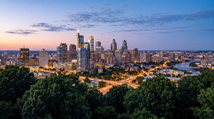 Fototapeta premium Philadelphia city skyline at sunset with lights