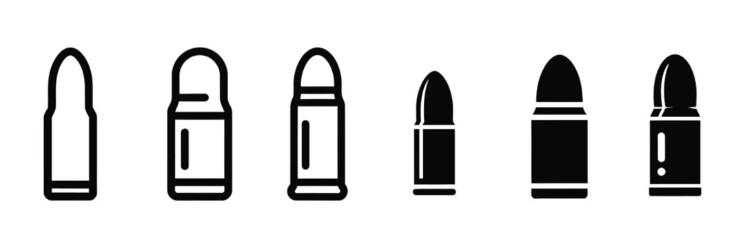 Ammunition cartridge vector icons representing bullet ammunition ballistics and shooting sports equipment for commercial graphics