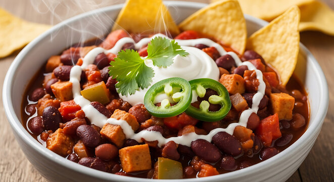 Triple Bean Chili With TVP And Cashew Sour Cream High Protein