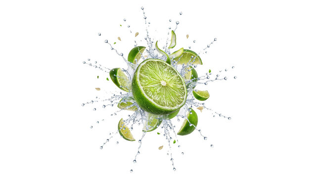 Fresh green lime fruit slice exploding in water with dynamic liquid splashes and droplets isolated on a solid black background, for food