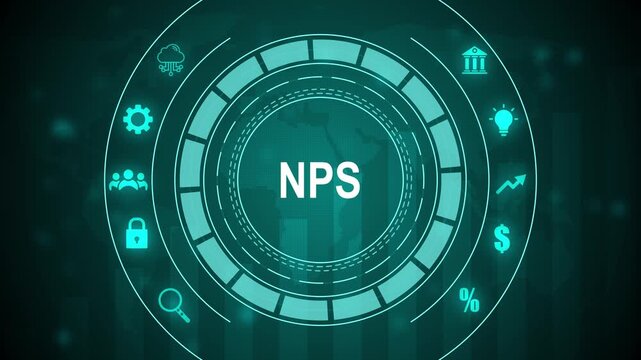 Futuristic HUD interface with NPS acronym in glowing blue concentric, 4k quality animation video.