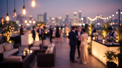 Obraz premium blurred rooftop party at sunset, people socializing, city skyline bokeh, warm string lights, outdoor lounge.