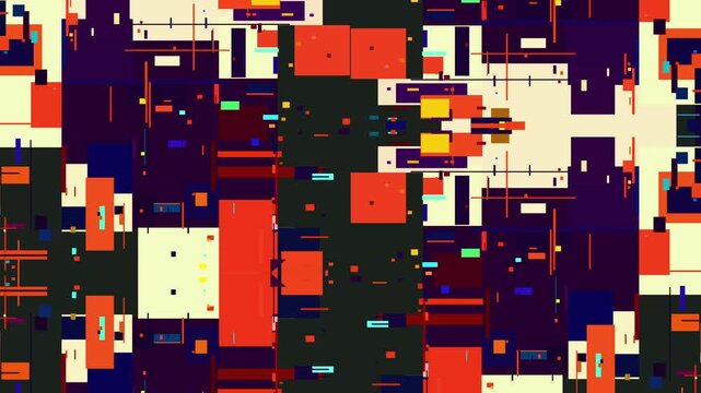 高密度な幾何学的グラフィックアート抽象背景。オレンジと紫のピクセルブロック、中央の垂直スライドアニメーション、サイバーパンクなデジタルパターン。