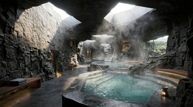 Relaxing thermal bath in natural volcanic rock cave with steam and warm lighting
