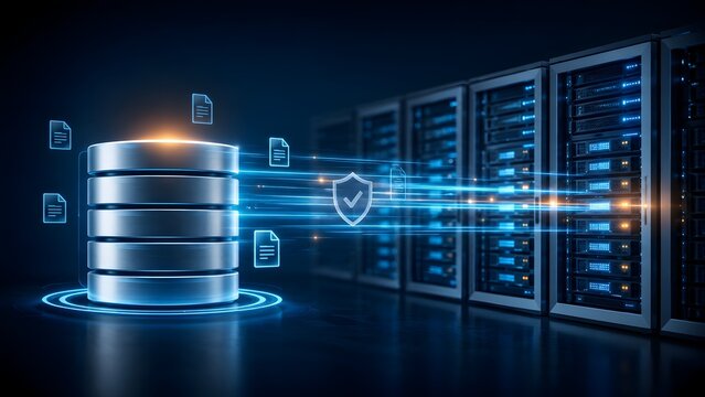 Modern database server rack transferring digital file documents with glowing security shield representing safe cloud archiving infrastructure