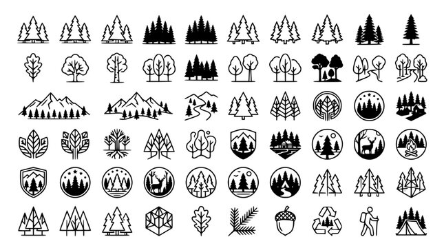 Wilderness travel web icons including pine tree silhouettes geometric badges national park and eco reserve mega pack