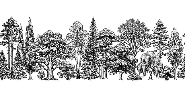 Sketch woodland nature landscape background featuring detailed engraved black ink trees forest panorama horizontal line art