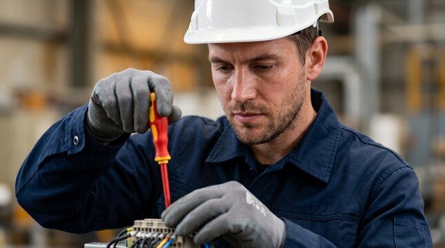 Electrician Using Screwdriver While Repairing Electrical Equipment