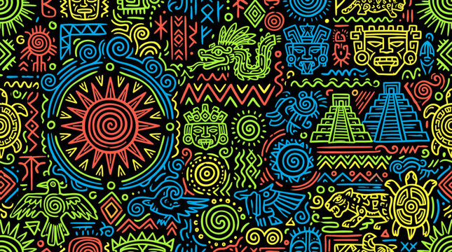 Vibrant seamless pattern featuring diverse Mesoamerican cultural symbols like suns, pyramids and tribal masks on a dark background, Symbolizing ancient civilization and cultural heritage