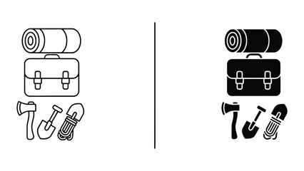 Premium Camping equipment like tent rolled up and tools on white and black backgrounds Vector Icon Isolated on White Background © Freefire