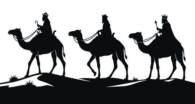Silhouette of the Three Wise Men riding camels in the desert night