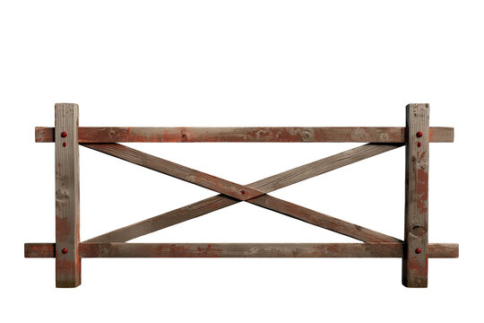 Rustic weathered wooden fence panel with crossbuck design, providing a barrier on a transparent background
