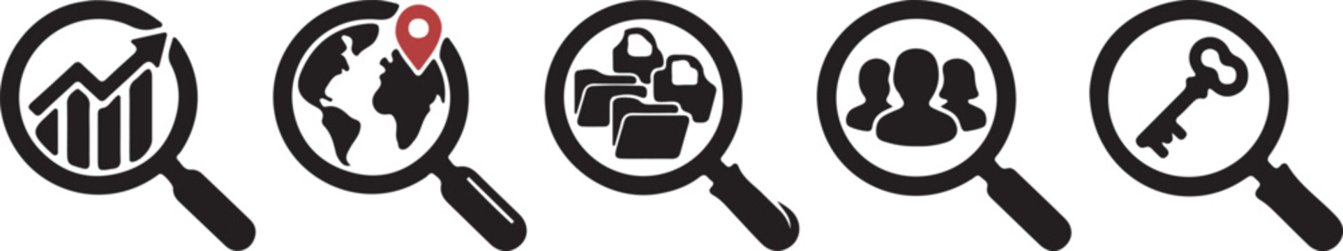 Business Research Search Icons Set with Analytics, Global Location, Folder, Team and Security Key Vector Collection