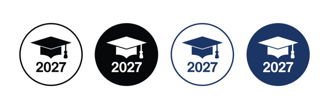 Class of 2027 vector graduation cap icons with senior academic badge mortarboard emblem and commencement celebration design
