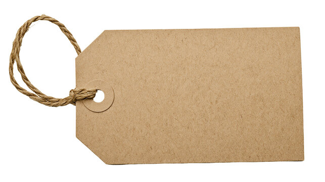 Blank brown cardboard gift tag with rough twine loop, isolated on transparent background