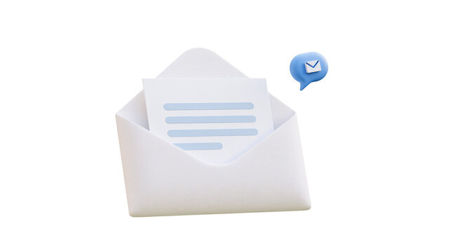 Open white envelope with document and blue message bubble, isolated on transparent background