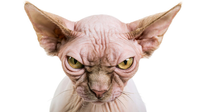Wrinkled pink Sphynx cat with yellow eyes, isolated on transparent background