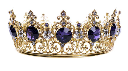 Ornate golden crown with large purple gemstones, isolated on transparent background © PNGera
