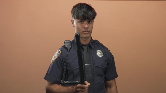 Young police officer man holds baton upright with hand near grip and baton shaft before face in studio; duty readiness authority.