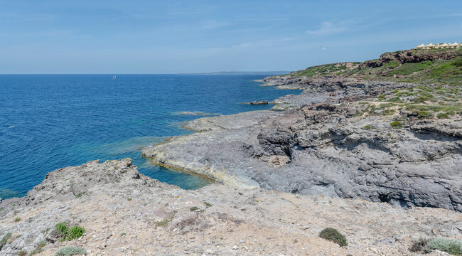 rocky shore at Cala Grotta cove, sant Antioco island,  Cagliari, Italy