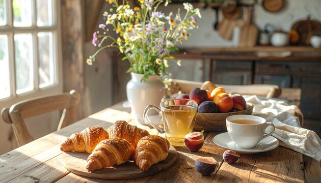Gourmet breakfast spread with pastries and coffee outdoors.