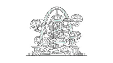 Obraz premium Futuristic Ferris Wheel with Modern Pods, Line Art Illustration
