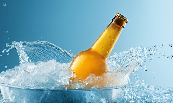 Cold beer bottle in ice bucket splash

