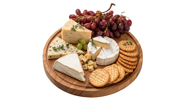 Gourmet cheese board assortment with crackers and grapes isolated on transparent background cut out