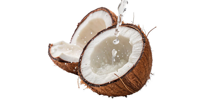 Fresh coconut split open with splashing clear water isolated on transparent background cut out