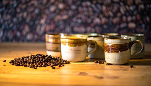 Close up of coffee beans and brewed coffee in cups.
