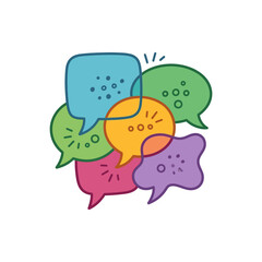 Fototapeta premium Dynamic Stack of Colorful Overlapping Speech Bubbles, Symbolizing Lively Communication, Group Conversation, and Diverse Idea Exchange on Isolated White Background