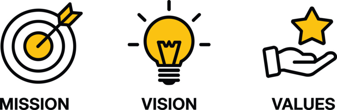 Mission vision and values business icons with flat graphic design elements.