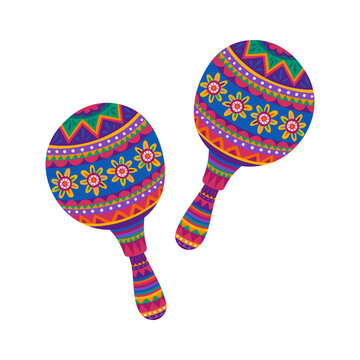 Mexican folk maracas musical instrument. Cuba folk music instrument decoration, Hispanic culture holiday percussion isolated vector sticker. Mexican carnival maraca with geometric and floral patterns