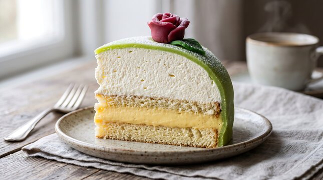 Slice of traditional Swedish princess cake with marzipan rose decoration and cream layers