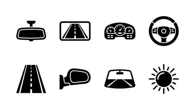 Rearview Mirror With Reflection. Filled icon set of Rearview Mirror With Reflection: rearview mirror, reflected road, car dashboard, steering wheel, highway lanes, side mirror, windshield view,