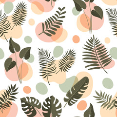 Boho monstera leaf seamless pattern, bohemian tropical plants organic seamless pattern. Tropical tile background with monstera, palm, fern and philodendron jungle foliage and soft abstract shapes © Vector Tradition